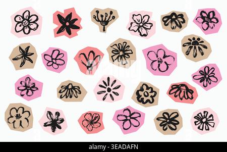Grunge Scrapbook Flowers Set. Doodle collage brush stroke chamomile flowers set. Chalk textured outline flowershead stickers set. Paper cut vector Stock Vector