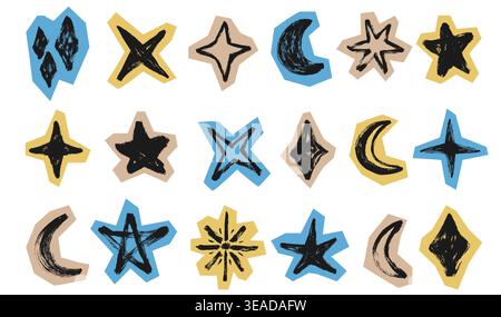 Grunge Scrapbook Stars and Moon Set. Doodle collage brush stroke sparkles set. Chalk textured stars and moon stickers set. Paper cut vector collection Stock Vector
