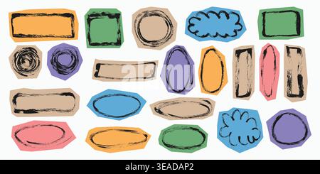 Grunge Scrapbook Highlighter Boxes Set. Doodle collage brush stroke frame box set. Chalk textured outline frames stickers set. Paper cut vector text Stock Vector