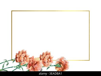 Red carnations frame with a golden rectangle. Hand drawn vector illustration of flowers for card design for Mothers Day, Victory Day, and the annivers Stock Vector