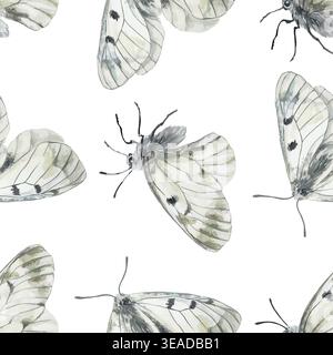 Butterflies seamless pattern. Hand drawn watercolor vector illustration of a gray Mnemosyne butterfly. Template for textile design, wrapping paper and Stock Vector