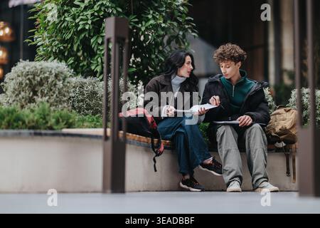 High school friends studying and reviewing notes together on an outdoor campus bench Stock Photo