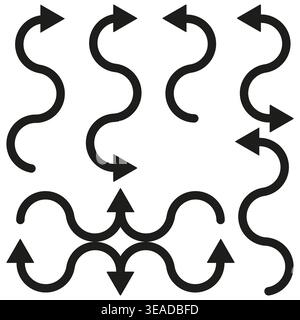 Curved arrow set. Black pointer icon. Direction vector sign. Motion flow symbol. EPS 10. Stock Vector