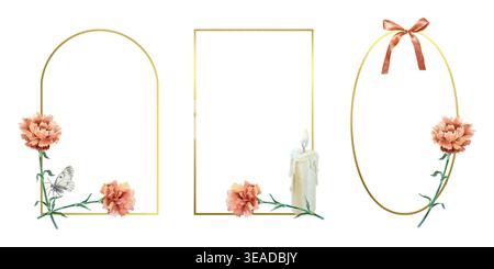 Red carnation postcards set. Watercolor flowers, candle and ribbon. Hand drawn vector illustration for designing cards for Mothers, Victory and Indepe Stock Vector