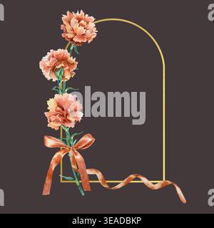 Red carnations frame with a golden arch for text. Hand drawn vector illustration. Watercolor clip art for postcards for Victory, Mothers Day and Revol Stock Vector
