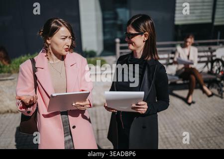 Two businesswomen discussing documents and tablet outdoors during a casual urban meeting in sunlight Stock Photo