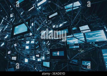 13 January 2026, Dubai Expo City, UAE: Complex network of glowing screens showing streams of information, symbolizing global communication, big data, Stock Photo