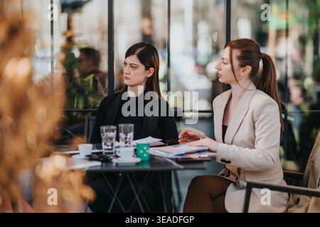 Business meeting between two professional women discussing documents and coffee at an outdoor cafe table Stock Photo