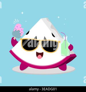 Fresh And Happy Cartoon Dragon Fruit Slice Character Illustration With Ice Cream And A Bottle Of Juice Stock Vector