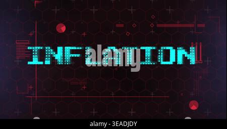 Displaying cyan pixelated INFLATION occupying center on HUD showing hex grid, red gauges, glitch Stock Photo