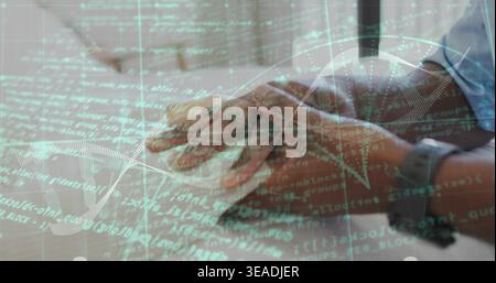 Typing two hands on laptop keyboard at office window, with smartwatch, blue cuff, DNA helix overlay Stock Photo