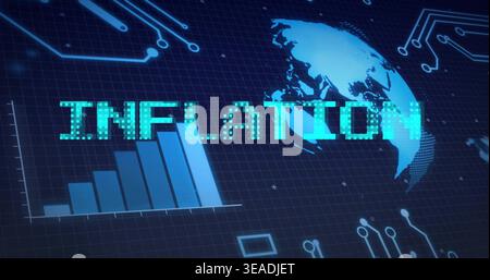 Displaying pixelated neon INFLATION glowing on dashboard, showing rising bar chart and cyan globe Stock Photo