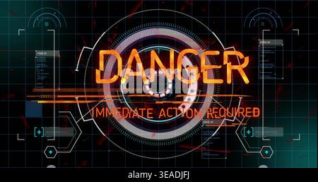 Displaying central HUD with orange DANGER IMMEDIATE ACTION REQUIRED on display with data panels Stock Photo