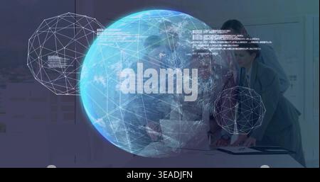 Floating holographic globe dominating meeting room, showing wireframe nodes, papers, team in suits Stock Photo
