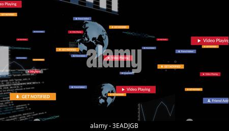 Displaying two globe icons overlaying with colored badges on dark UI, code left, line chart right Stock Photo