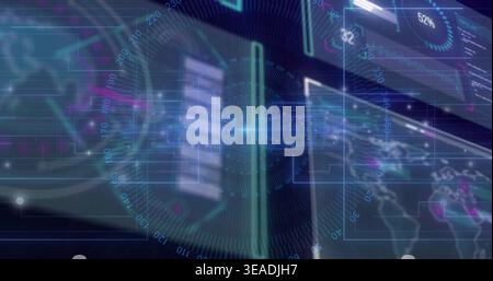Projecting glowing column and radial HUD, streaming data lines across floating panels in AR console Stock Photo