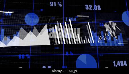 Displaying data dashboard on dark grid, showing left area chart, white bars mid, barline right map Stock Photo