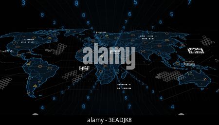 Projecting hologram global map rendering on dark grid plane, showing hex clusters and warning icons Stock Photo