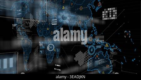 Showing holographic global map projecting over virtual operations display, with HUD nodes Stock Photo