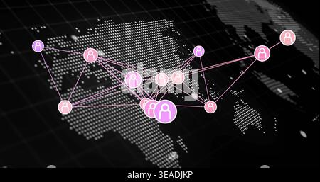 Showing pink violet circular user icons connected by thin lines on dotted world map, glowing hubs Stock Photo