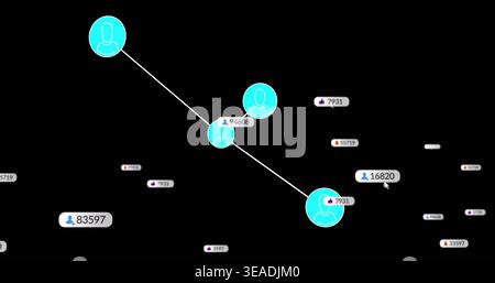 Displaying three teal avatar nodes linking diagonally on black screen, with badges 16820 and cursor Stock Photo