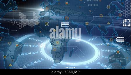 Displaying world map centering Africa, glowing radar ring, grid, data nodes in network dashboard Stock Photo