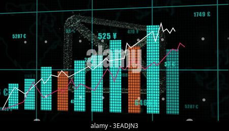 Displaying tiled bar chart on digital screen, showing white and magenta trend lines and teal grid Stock Photo