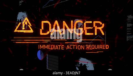 Displaying orange DANGER text with warning triangle on alert UI, showing IMMEDIATE ACTION REQUIRED Stock Photo