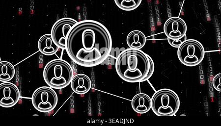 Showing large round avatar node glowing left in data network, with edges, binary and red blocks Stock Photo