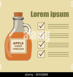 Apple cider vinegar bottle illustration with checklist and text space, suitable for background use vector Stock Vector