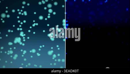 Displaying abstract split panel on digital screen, with teal bokeh, thin seam, blue speckles Stock Photo