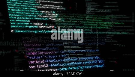 Displaying centered syntax-highlighted code block glowing on dark screen, with translucent layers Stock Photo