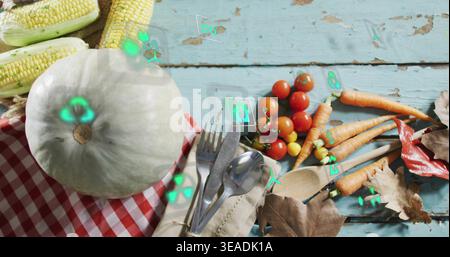 Displaying pale green pumpkin on red-white checkered cloth on turquoise table, with neon icons Stock Photo
