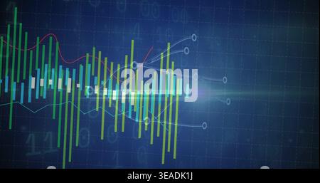 Displaying centered chart cluster on dark blue grid screen with bars, candles, centerline, nodes Stock Photo