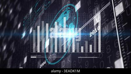 Displaying central translucent bar chart and globe hovering in grid dashboard, with lens flare Stock Photo