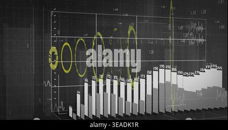 Displaying 3D bar chart centered on grid plane, with vertical bars, numeric labels, rings and spike Stock Photo