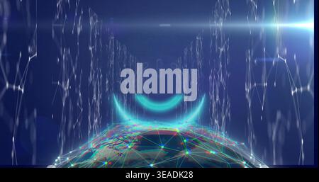 Hovering networked globe showing mesh nodes and cyan crescent arcs in navy void, light streams Stock Photo