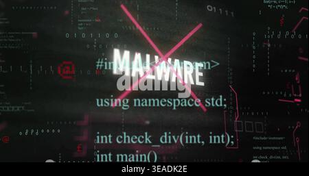 Displaying bold MALWARE text being crossed by magenta X on digital screen, with binary C++ code Stock Photo