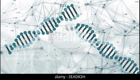 Displaying stylized DNA helices linking teal nodes and dark bars across biotech space, with labels Stock Photo