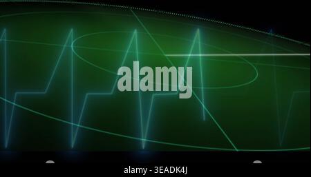Displaying neon teal waveform pulsing on curved screen, with faint ellipse slant line dots and glow Stock Photo