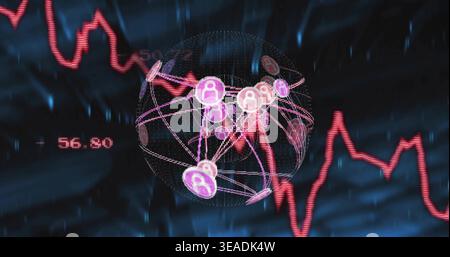 Displaying glowing magenta-pink spherical network at virtual dashboard, with padlock icons Stock Photo