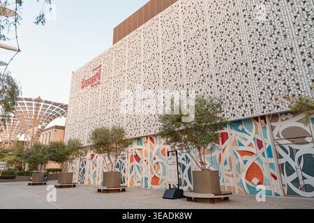 13 January 2026, Dubai Expo City, UAE: Women's Pavilion building showcasing contemporary architecture, patterned facades, and Arabic calligraphy detai Stock Photo