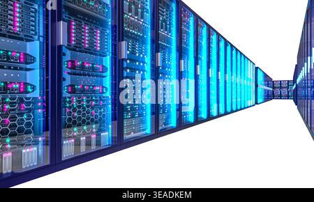 Server racks with glowing lights 3d transparent background Stock Photo