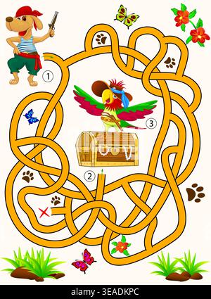 A maze game for kids. Help the dog find the way to the chest and the parrot. Stock Vector