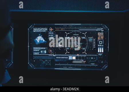 13 January 2026, Dubai Expo City, UAE: advanced holographic user interface displaying data for Mars Rover ZKU 21057 operations and space mission contr Stock Photo