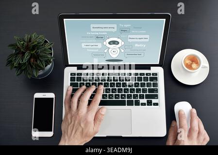 Man working on a laptop with AI assistant character surrounded by multiple error messages. Concept of artificial intelligence failure, system overload Stock Photo