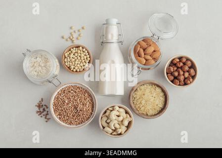 Assortment of ingredients for organic vegan non dairy milk in bowls and bottles with vegan milk on concrete a kitchen table, top view Stock Photo