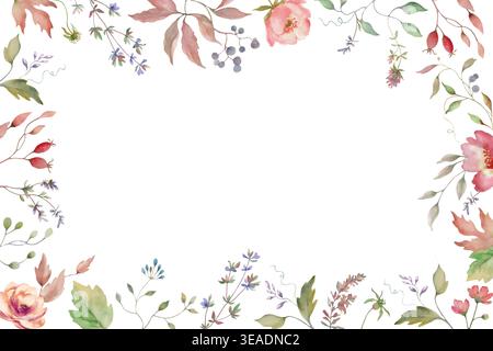 Watercolor autumn floral frame with dry leaves, berries, wildflowers. Botanical fall border for wedding invitations, greeting cards. Vector EPS. Stock Vector
