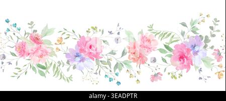 Watercolor floral seamless border with pink peonies, blue anemones,  green leaves. Hand-painted botanical horizontal frame on white background.Vector Stock Vector