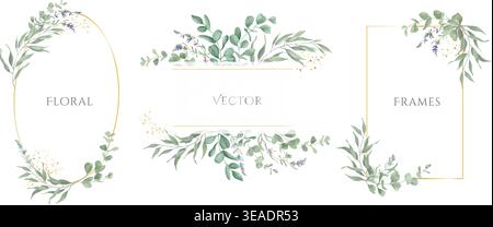 Watercolor eucalyptus frames set with gold geometric borders. Hand-painted botanical greenery wreath, rectangle for wedding invitations,  cards. Stock Vector
